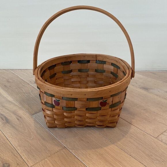 Vintage Basket Woven Wood Slat Hinged Handle Apple Design Green Accent 8.5x10” - Picture 10 of 16